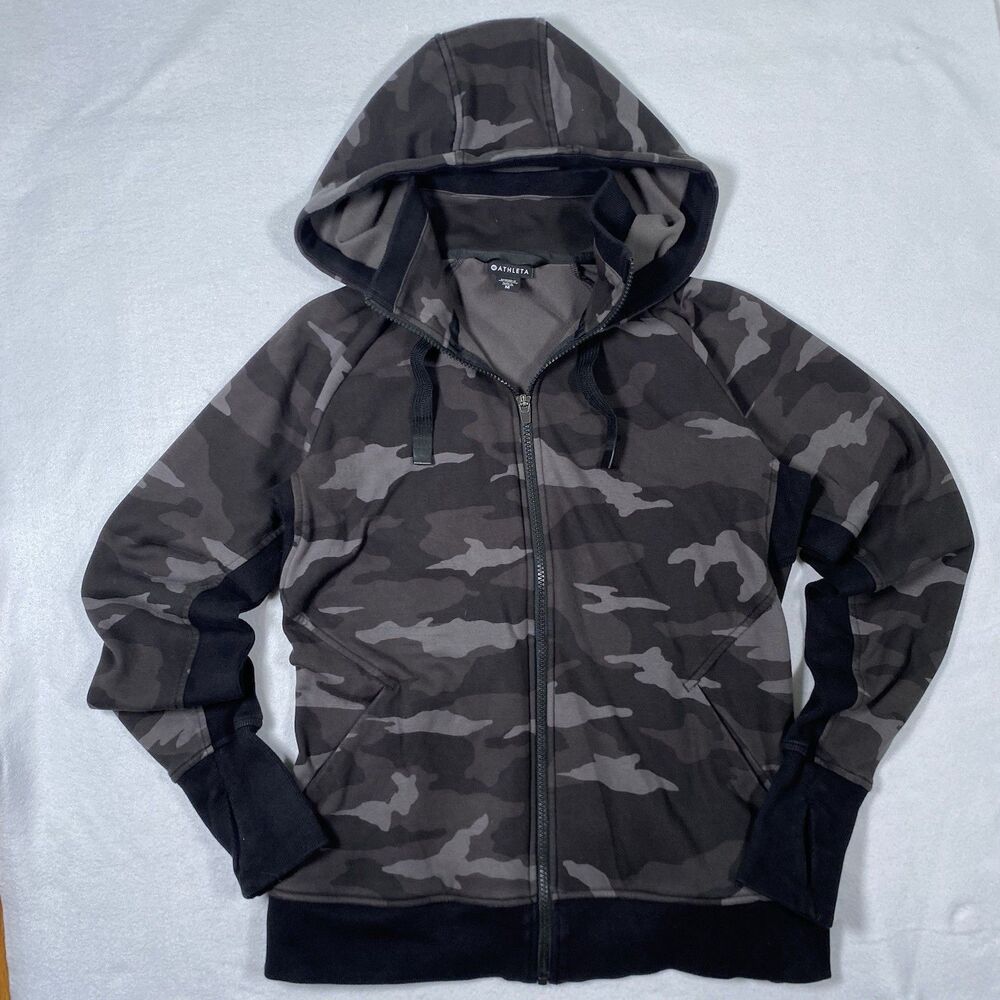 Athleta Triumph Hoodie Womens Medium Black Gray Camo Camoflage Full Zip Jacket